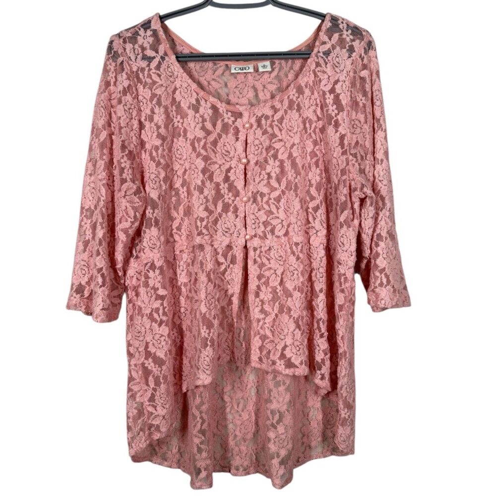 Cato Womens Sheer Pink Lace Button Up Top XL Coquette Parisian Romantic Floral